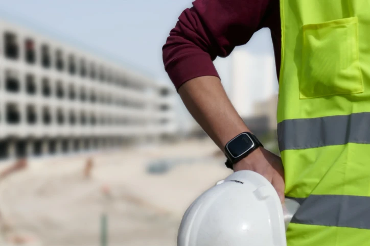 Construction worker on building site working alone whilst wearing Safety Watch lone working device