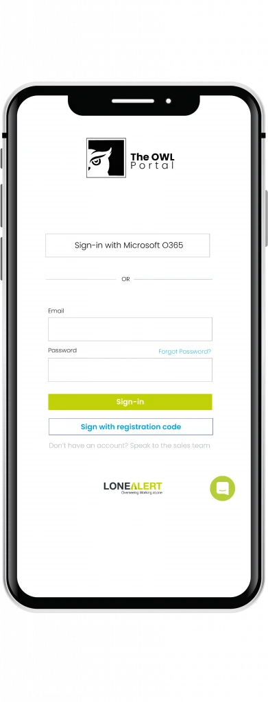 The OWL Portal lone working management tool login screen on mobile device